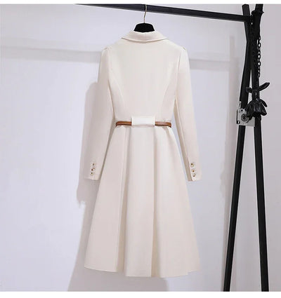 Women's Dress Double Breasted Elegant Dresses for Women 2025 Autumn Off white Dress Belt Knee-Length Solid Fashion Woman Clothes