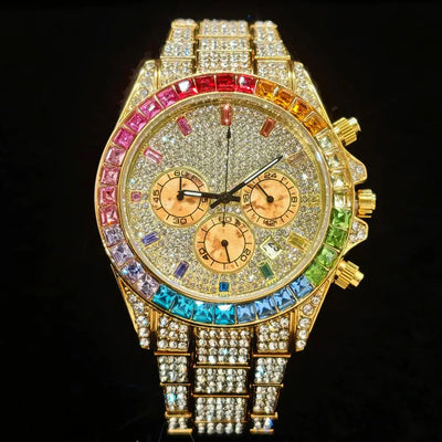 2025 Top Luxury Watch For Men Fashion Ice Diamond Hip Hop Rainbow Diamond Multifunction Man Quartz Wristwatch Gift Dropshipping