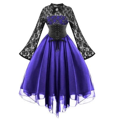 Renaissance Court Gown Victorian Medieval Costume Women Halloween Cosplay Full Sleeve Lace Dress Birthday Party Princess Suit