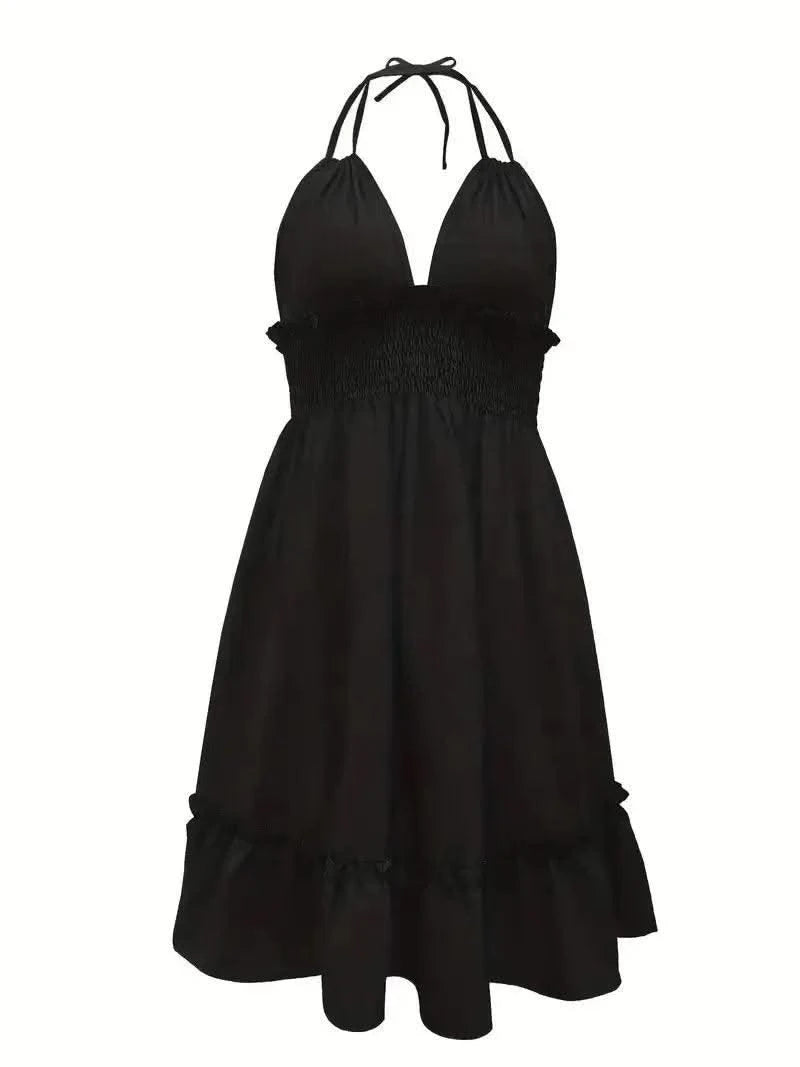 Summer Dresses For Women Trendy Solid Boho Dress V Neck Sleeveless Halter Backless Sundress Ruffles Holiday Beach Dresses