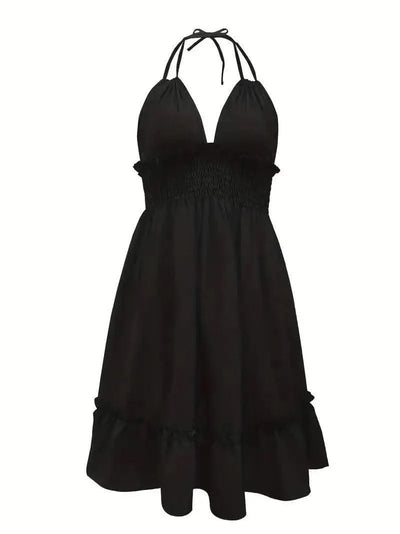 Summer Dresses For Women Trendy Solid Boho Dress V Neck Sleeveless Halter Backless Sundress Ruffles Holiday Beach Dresses