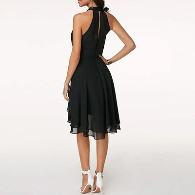 Women Elegant Dress Summer Solid High Waist Halter Sleeveless Midi Dresses Ladies Cropped Layered Chiffon Party Slim Dresses