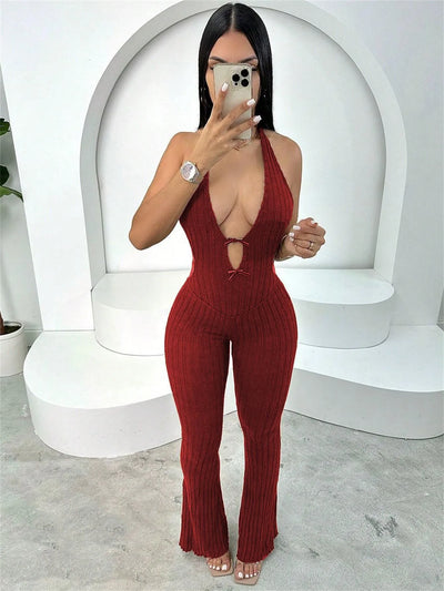 Joskaa Knitted Halter Backless Jumpsuit Women Sexy Deep V-Neck Bow Sleeveless Skinny Overalls 2025 Fitness Sportswear Clubwear