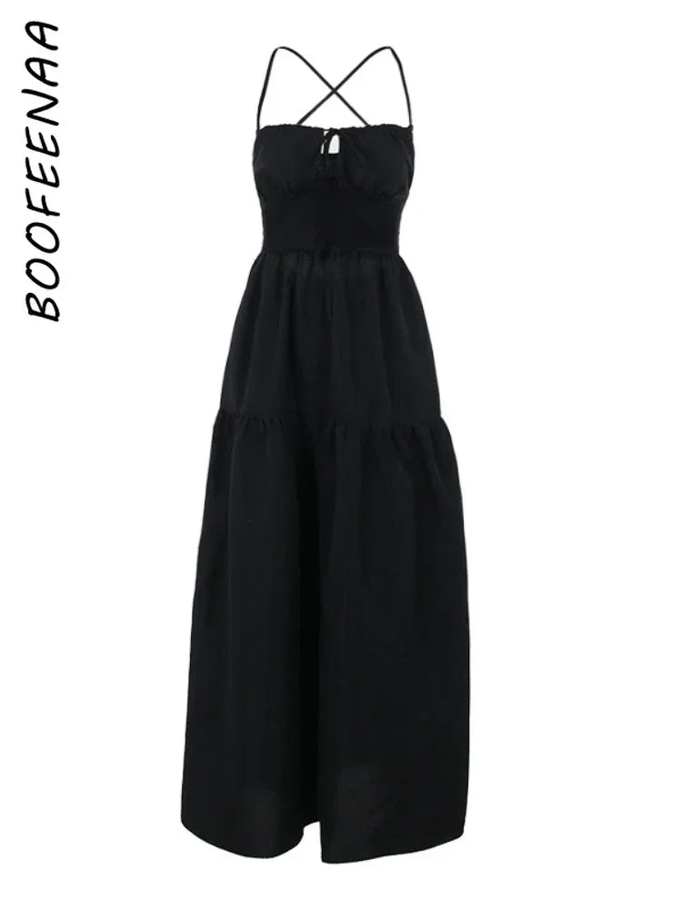 BOOFEENAA Halter Backless Maxi Long Dress Sexy Vacation Outfits White Black Summer Dresses for Women Clothes 2024 C66-CH28