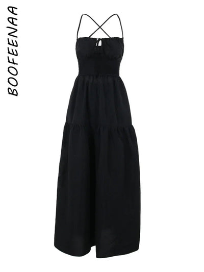 BOOFEENAA Halter Backless Maxi Long Dress Sexy Vacation Outfits White Black Summer Dresses for Women Clothes 2024 C66-CH28
