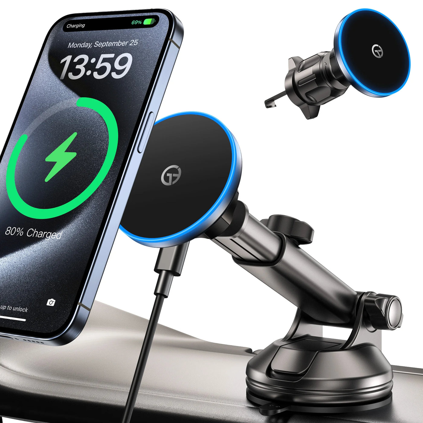 for MagSafe Car Mount Charger with Dash Vent Windshield Mounts, Strong Magnetic Phone Holder for iPhone 16, 15, 14, 13, 12 Pro M