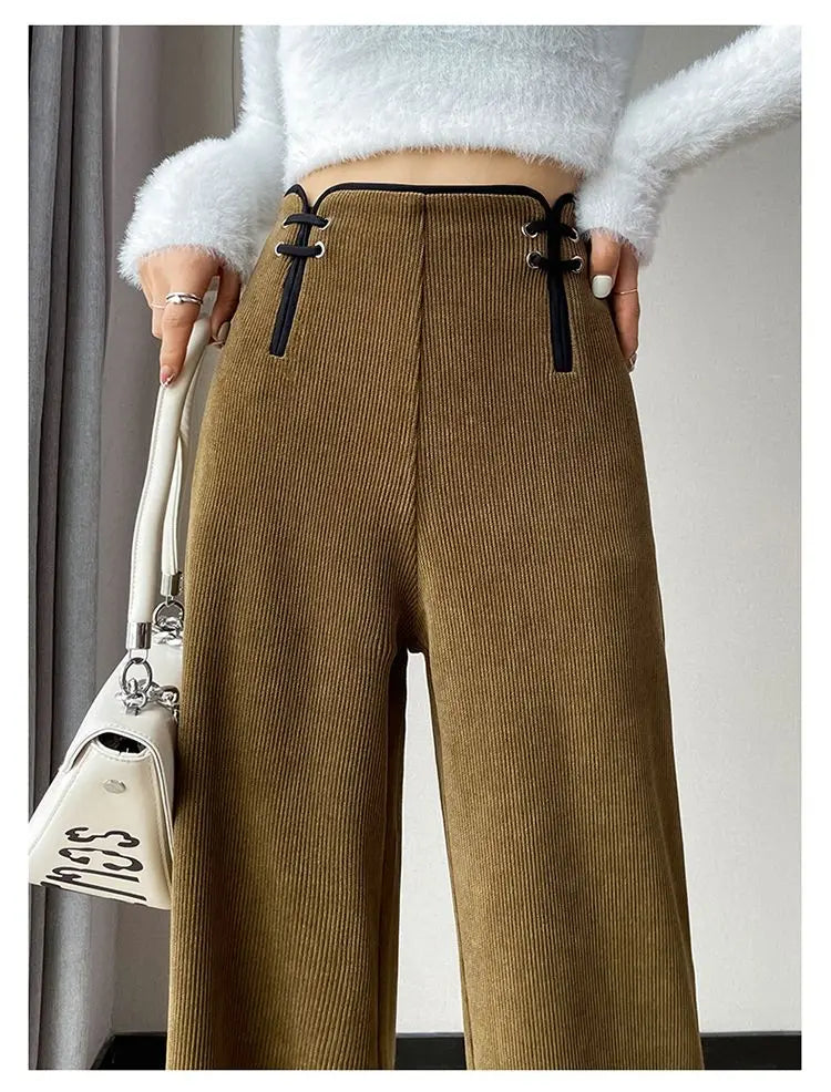 Women's Wide-leg Pants Autumn Winter Trousers New Chinese Style Folding High Waist Drooping Casual
