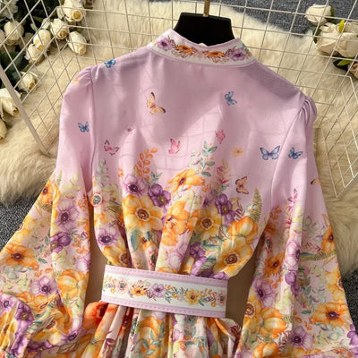 TWOTWINSTYLE Floral Printted Chic Dress For Women O Neck Long Sleeve Patchwork Sashes Temperament Dress Female Fashion KDR523818