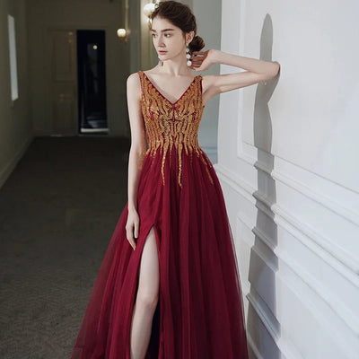 Women's Evening Dresses Sexy V-neck Luxury Formal Party Gown Backless Beads Sequins Tulle Side Split Banquet Evening Dress