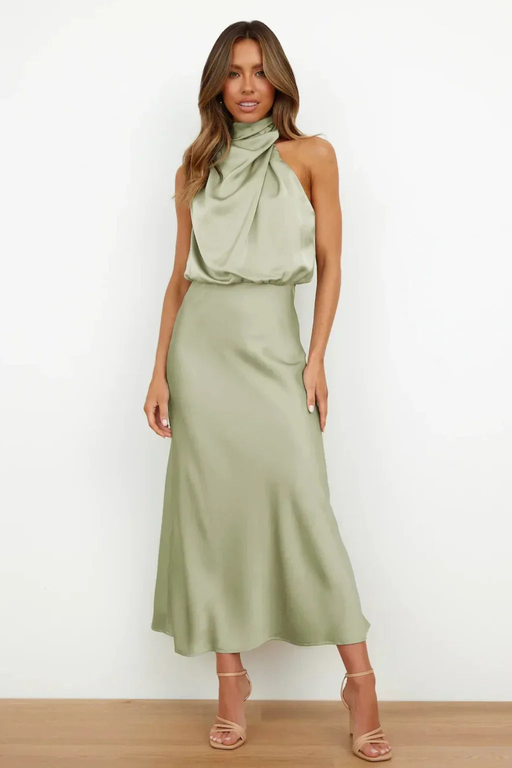 2025 Spring/Summer Long Dress for Women High Waist Halter Satin Sleeveless Dress Fashion Elegant Solid Evening Party Dresses