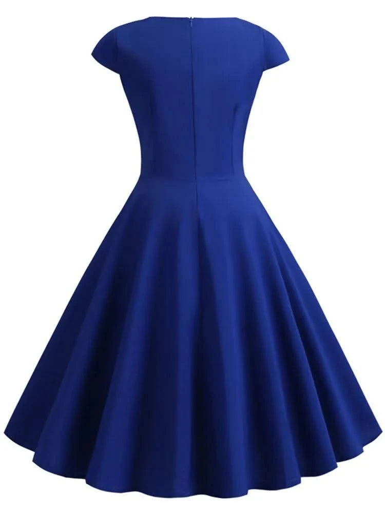 Women Vintage Pin Up Summer Dress | Casual Retro Elegant Midi Sundress |Hepburn Rockabilly Party Dress