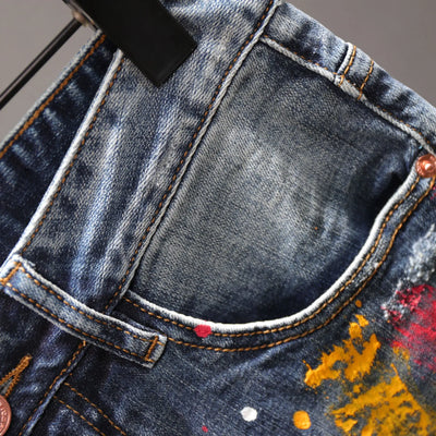 Men Fashion Denim Shorts Jeans New Summer Male Blue Ripped Jeans Shorts High Quality Man Paint Splash Technology Denim Shorts