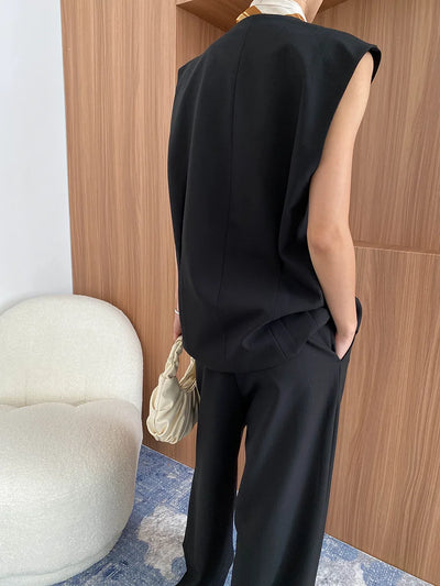 Spring and Autumn Women's Casual Solid Color Loose Jacket+V-neck Vest+Wide Leg Pants Set