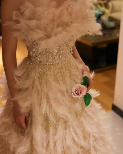 Sharon Said Luxury Dubai Feathers Princess Ball Gown Cream Evening Dress for Women Wedding Engament Party Dress SS732 Customized