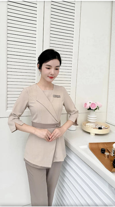 Women's Khaki SPA Uniform Set 2025 Spring/Autumn New Style Beauty Salon Front Desk Workwear Top And Pants Company Wholesale