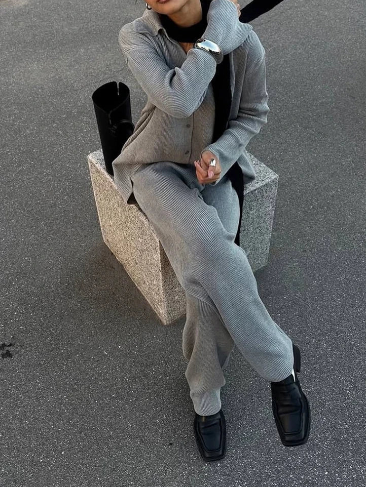 2025 Autumn Street Outfits Knitted Cardigan Pants Sets Women Single Breasted Lapel Sweater High Waist Wide Leg Trousers Suit