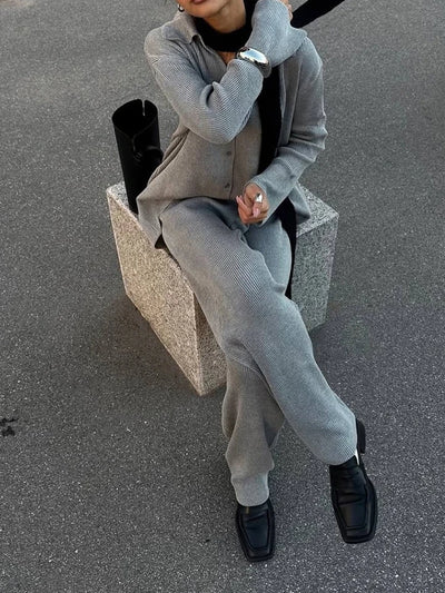 2025 Autumn Street Outfits Knitted Cardigan Pants Sets Women Single Breasted Lapel Sweater High Waist Wide Leg Trousers Suit