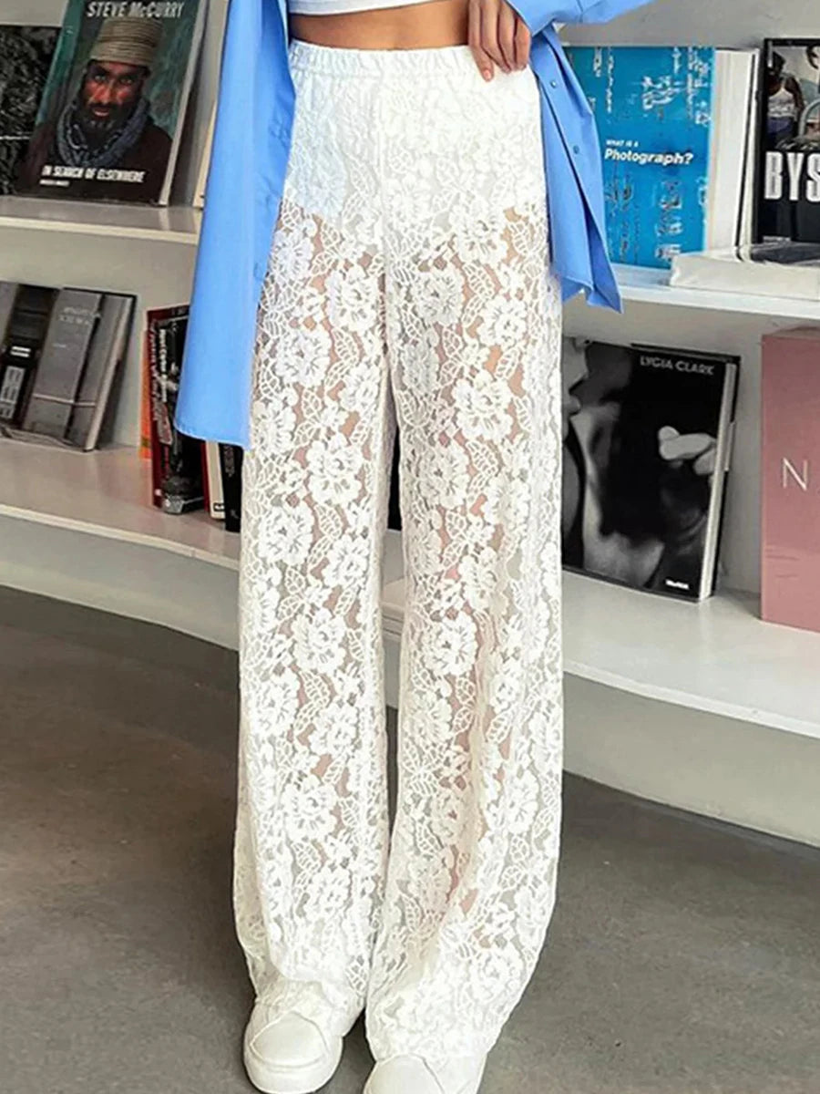 Women Fashion Lace Wide Leg Pants Casual Loose Sheer Lace High Waist Trousers for Work Office Streetwear