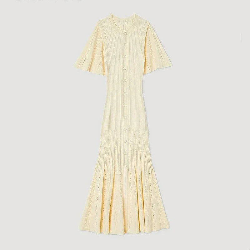 Classic Style Single Breasted Knitted Women Midi Dress O Neck Short Sleeve Hollow Out Spliced Lady Fishtail Dress