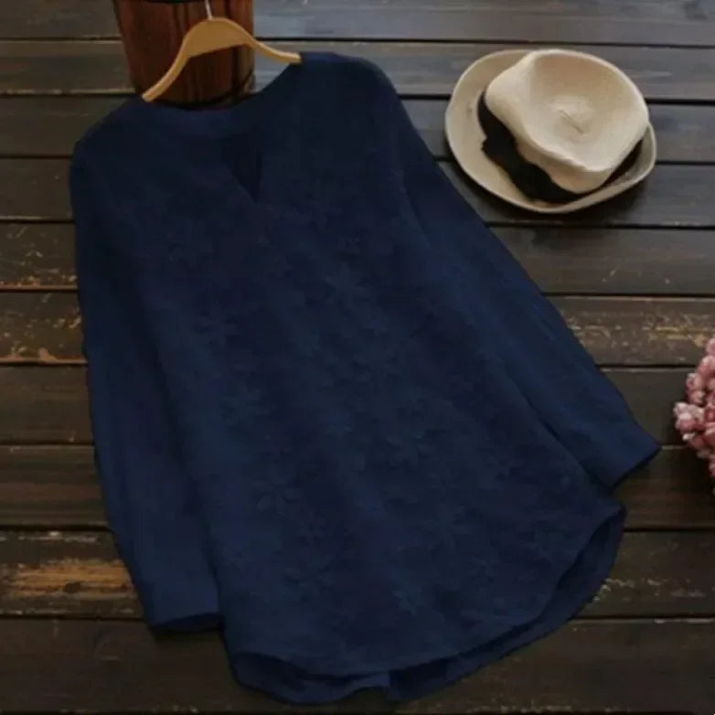 Embroidery Lace Cotton Linen Casual Women Blouse Fashion Loose White Elegant Shirt Plus Size V Neck Tops Long Sleeve S-5XL
