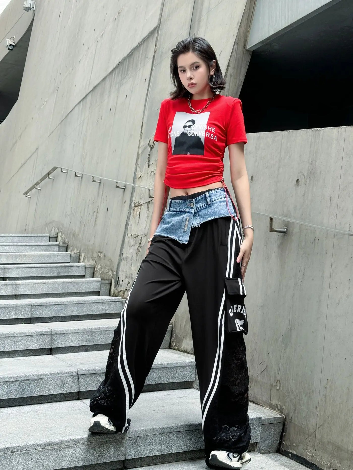 Wide Leg Pants Women Floor Length Patchwork Lace Denim Stripe Print High Waist Multiple Pockets 2025 Streetwear Cargo Trousers