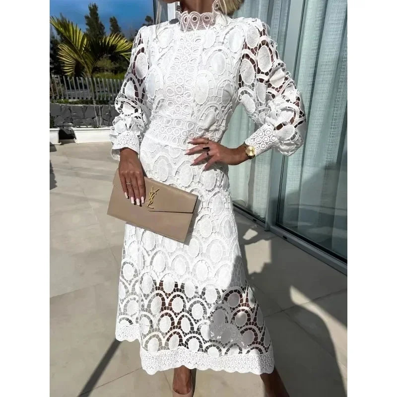 2024 Dresses for Women Party Puff Sleeve Long White Dress Lace High Waist Spring Elegant Y2k Evening Dress Formal Vestidos