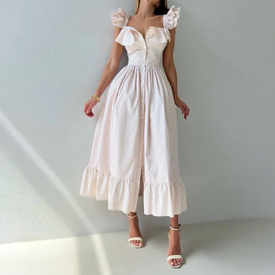 Ruffle Dress Women Fashion Backless A Line Slim Waist Striped Robe Female Flying Sleeves Buttons 2025 Summer Elegant Streetwear