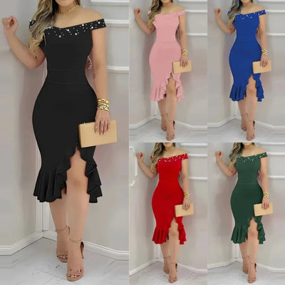 Womens Dresses New Summer Fashion Beaded Off Shoulder Ruffles Slit Hem Elegant Plain Short Sleeve Skinny Midi Party Dress