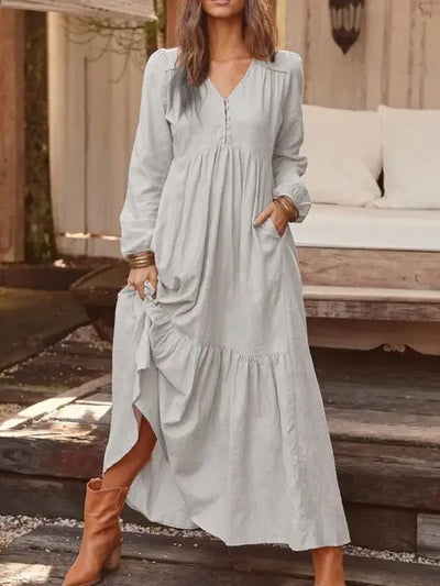 Women's Dress 2025 Spring and Summer Women's Button Cotton and Linen Retro Casual Long Sleeve Dress Large Hem Long Skirt