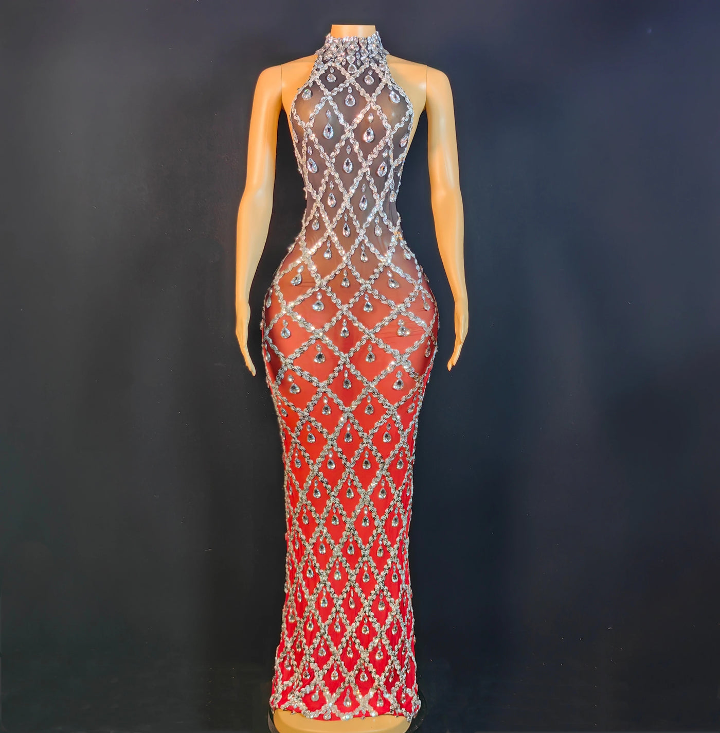 Women Sexy Stage Shining Rhinestone Sequins Dress Evening Prom Birthday Dress Transparent Performance Singer Club Host Dress