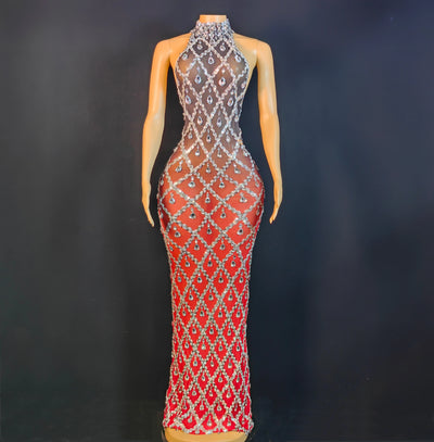 Women Sexy Stage Shining Rhinestone Sequins Dress Evening Prom Birthday Dress Transparent Performance Singer Club Host Dress