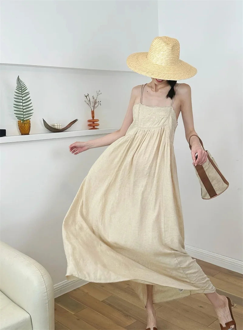Women's Dresses New Summer 2025 Embroidered Decorative Midi Dress Sexy Suspenders Open Back Design Personality and fashion