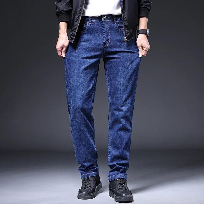 2025 New in Men's Stretch Jeans Straight Fit Denim Pants Male Formal Classic Blue Business Casual Regular Autumn Cowboy Trouser