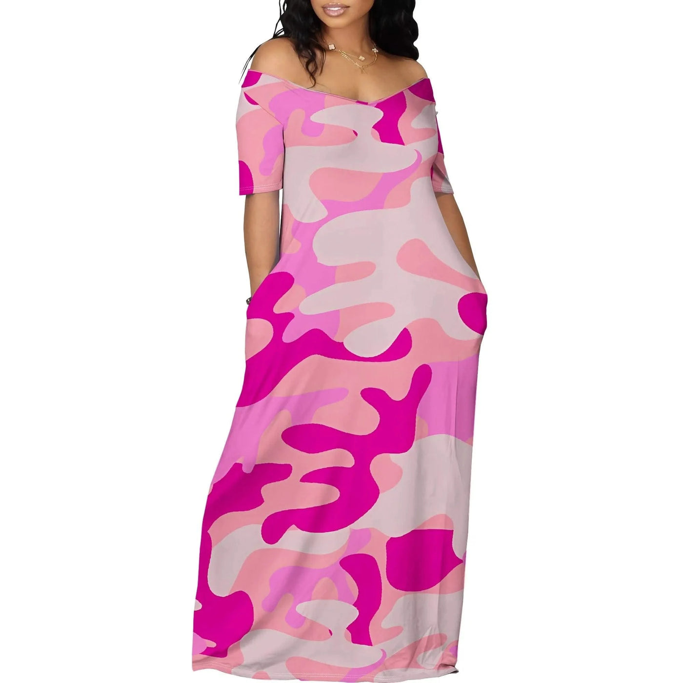 Off Shoulder Camo Maxi Dress for Women Summer Pink Print Casual Loose Fit Holiday