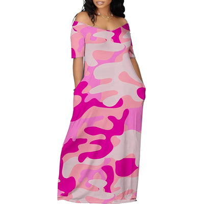 Off Shoulder Camo Maxi Dress for Women Summer Pink Print Casual Loose Fit Holiday