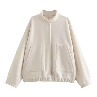 Woman's Oversized Bomber Jacket Autumn New Round Neck Long Sleeve Pocket Hidden Button Loose Jackets Coat Female Outerwear