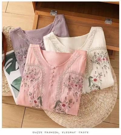 Cotton and Linen V-neck Embroidered Shirt for Women, Summer Thin Style Loose Medium Sleeves Small Shirt Top