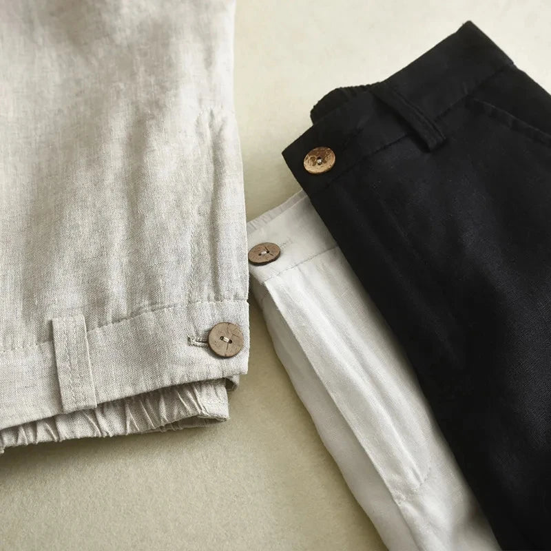 Women's Cotton Linen Straight Trousers Elastic High Waist Wild Wide Leg Pants Female Spring Summer Solid Color Loose Linen Pants
