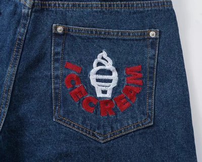2022 New Summer Denim Shorts For Men Icecream Running Dog Trendy Brand Half Cut Emboridery Logo Unique Punk Mid Waist Jeans