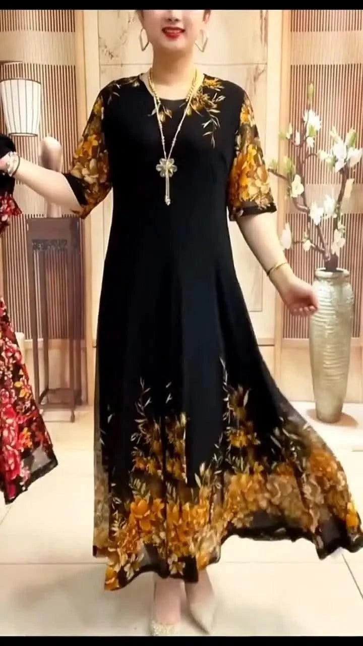 Women's Clothing Stylish Floral Printed Long Dress Summer Short Sleeve Casual Gauze Spliced Elegant V-Neck A-Line Waist Dresses