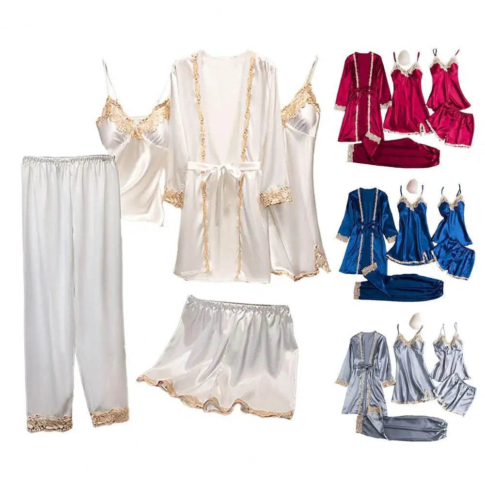 Women's Summer Sexy Pajama Pants Set 5 Pieces Nightgown Nightdress Top Shorts Pants Set Lace Satin Silk Sleepwear Robe Sleepwear