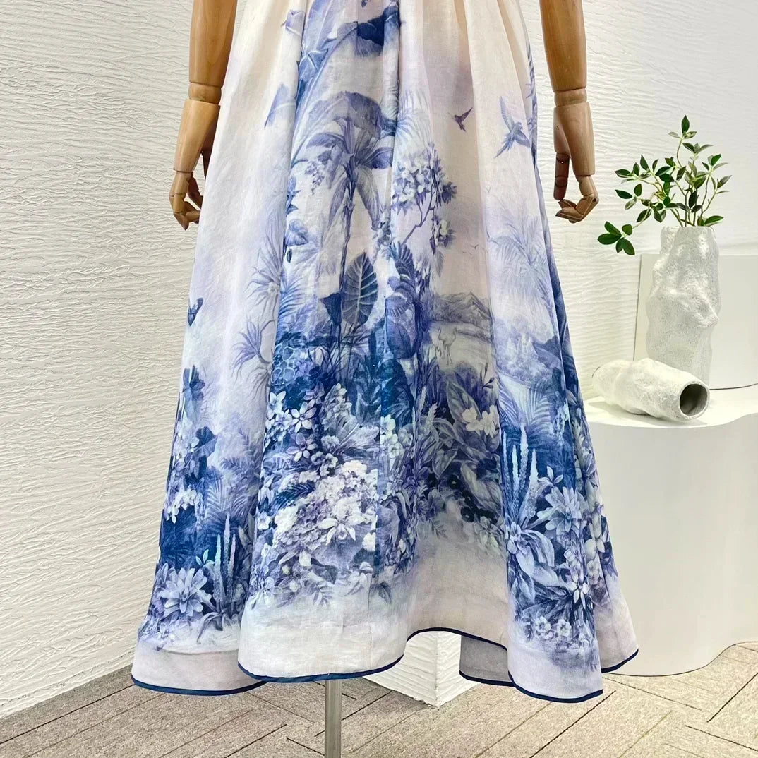 New Collection White Pleat Ruched Floral Print Sleeveless Women Midi Dress for Holiday