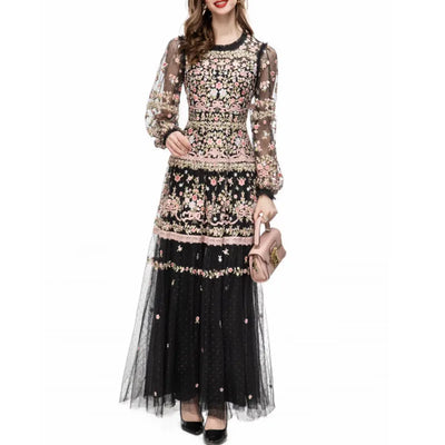 QMQA Fashion Women's Embroidery Dresses Round Neck High Waist Bow Mesh Spliced Long Sleeve Elegant Dress Female 2024 1A102