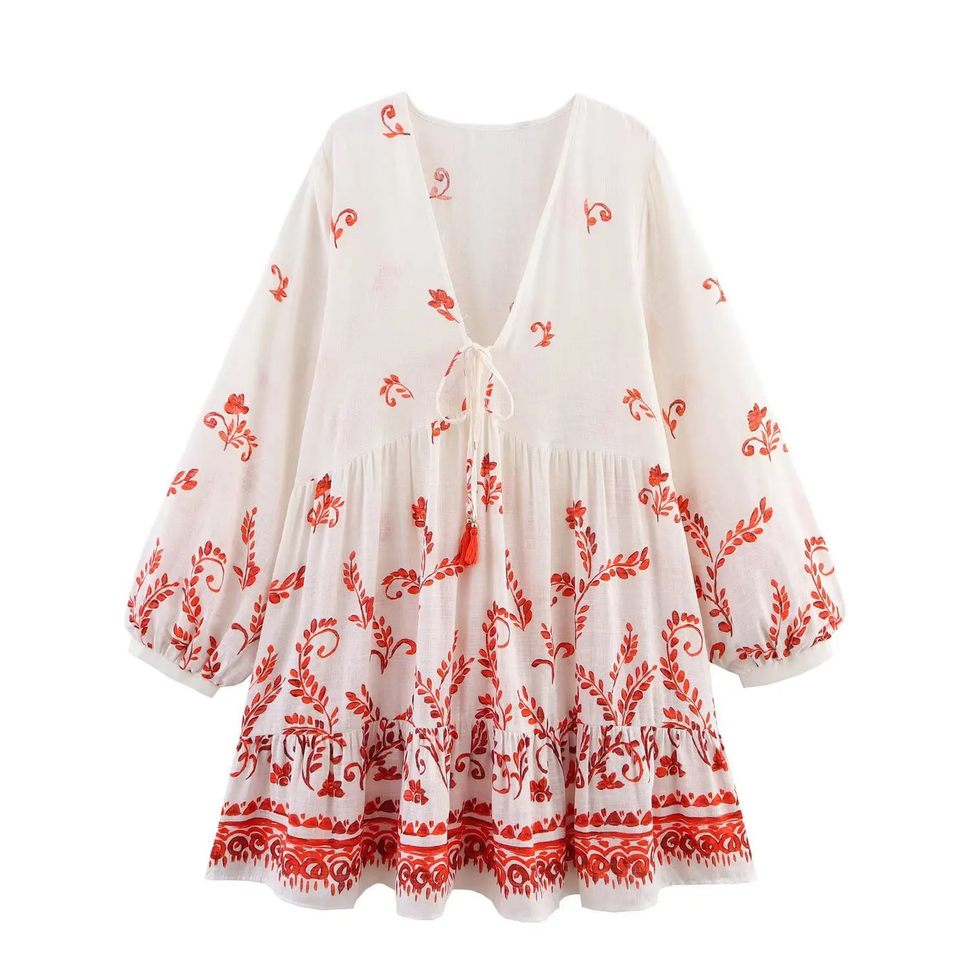 Women's Dresses Summer 2025 New Printed Long Sleeve Dress Mini Skirt Emotional V-neck Design Tassel Trim Stylish and Sexy