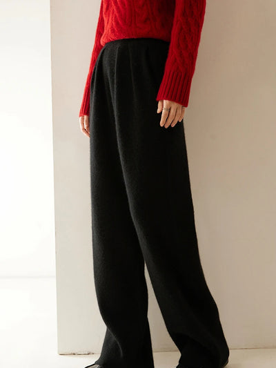 ADDONEE Women 100% Cashmere Pants Pleated Waist Wide Leg Pants Casual Simple Style Autumn Winter Cashmere Knit Trousers Luxury