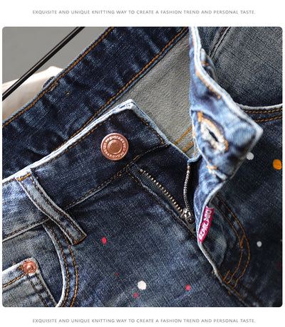 Men Fashion Denim Shorts Jeans New Summer Male Blue Ripped Jeans Shorts High Quality Man Paint Splash Technology Denim Shorts