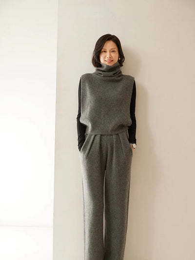 ADDONEE Women 100% Cashmere Pants Pleated Waist Wide Leg Pants Casual Simple Style Autumn Winter Cashmere Knit Trousers Luxury