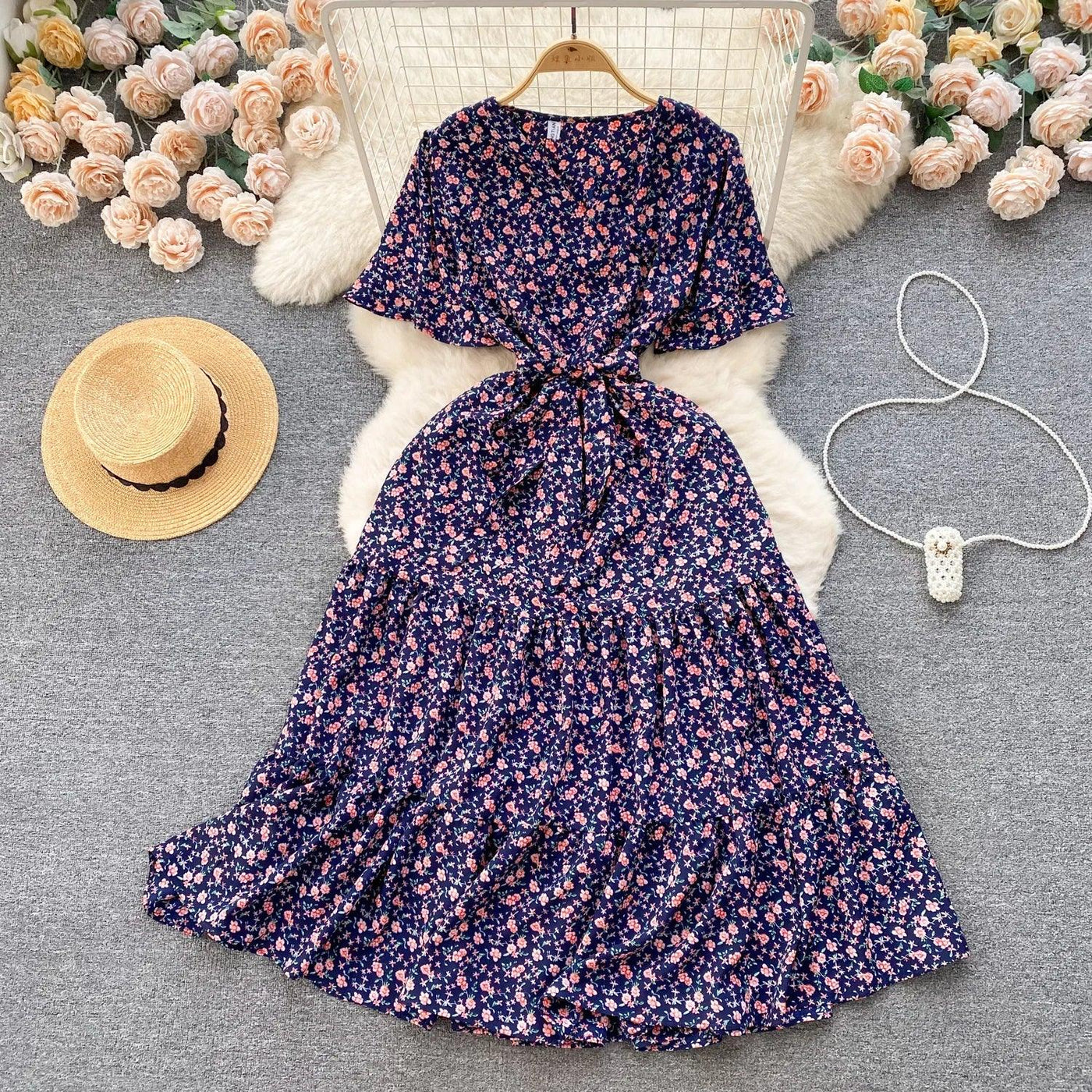 French Chic Dress Beach Style Floral Print Dresses Female V-Neck New Summer Ruffles A-Line Vestidos Women Clothes
