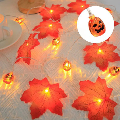 Autumn Artificial Fall Maple Leaves Pumpkin Garland Fairy Lights Halloween Thanksgiving Party Atmosphere Decoration Supplies