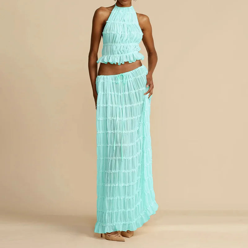 2025 Women Summer Loungewear Suits, Halter Short Top Maxi Skirts 2PCS Matching Sets, White Color Fashion Backless Ladies Outfit
